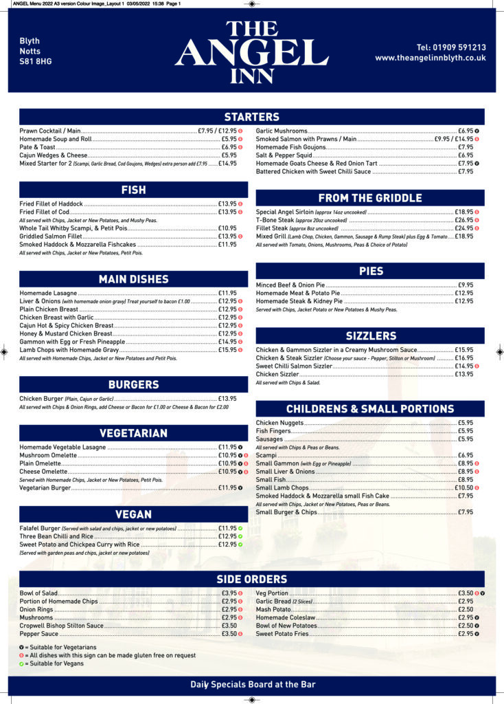 Menu The Angel Inn